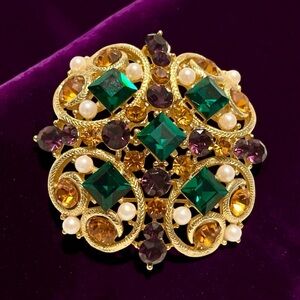 Gorgeous Vintage Large 2” M. LENT Gold Tone Multi-Color Brooch